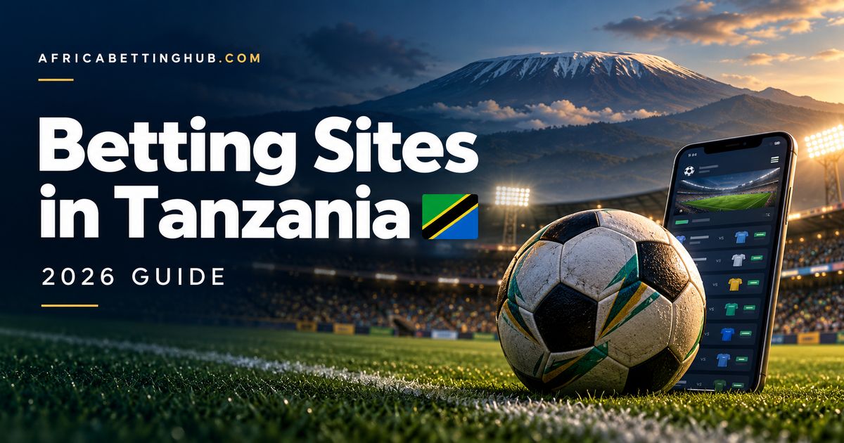 Betting Sites in Tanzania guide cover: a football on a floodlit pitch with Mount Kilimanjaro behind it and a sportsbook app open on a phone