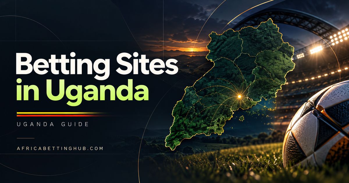 Betting Sites in Uganda guide cover: an outline map of Uganda over a floodlit stadium, with a football in the foreground