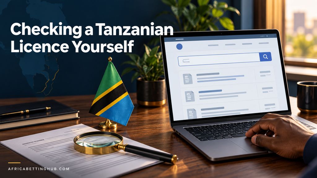 A desk with the Tanzanian flag, a printed document under a magnifying glass and a search results page open on a laptop