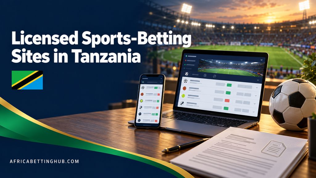 A laptop and a phone showing a sportsbook fixture list, with the Tanzanian flag and a floodlit stadium behind them