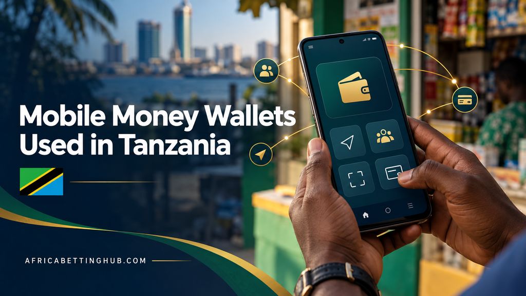 A hand holding a phone showing a mobile money wallet app, with the Dar es Salaam waterfront and a street kiosk behind it