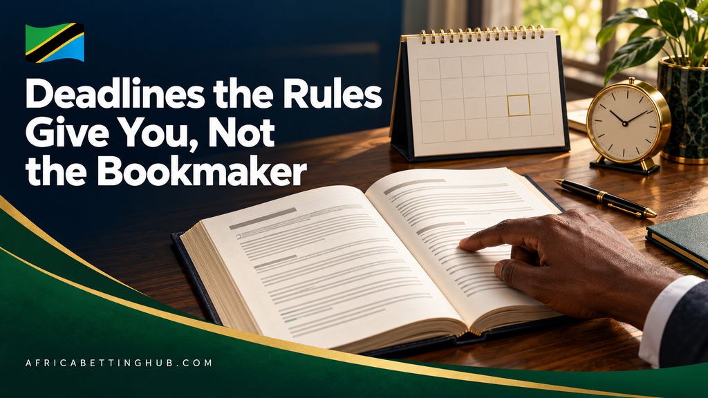 An open rule book on a desk, beside a wall calendar with one date ringed and a clock