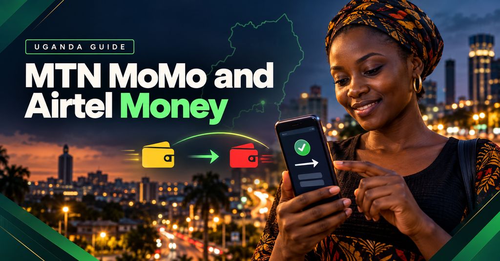 A woman confirming a payment on her phone above a Kampala skyline, with a yellow wallet and a red wallet joined by an arrow