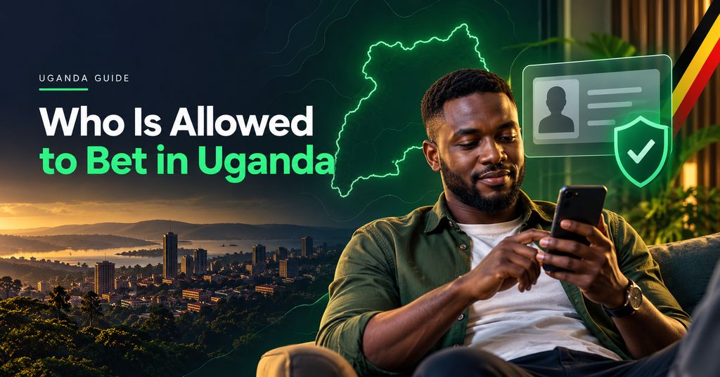 A man using a betting app at home, with an outline map of Uganda and an identity-card symbol beside him