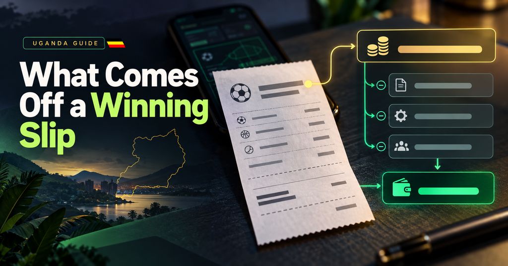A printed betting slip on a desk, with arrows leading from it to a set of deduction rows and then to a wallet